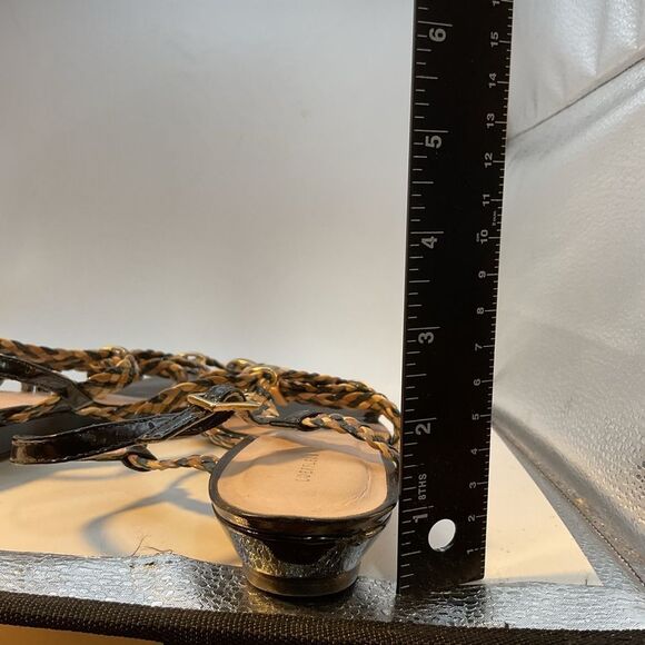 Loeffler Randal Ladies Sandals 8 Black Gold Beige Patent Leather Flats Shoes - Picture 12 of 15